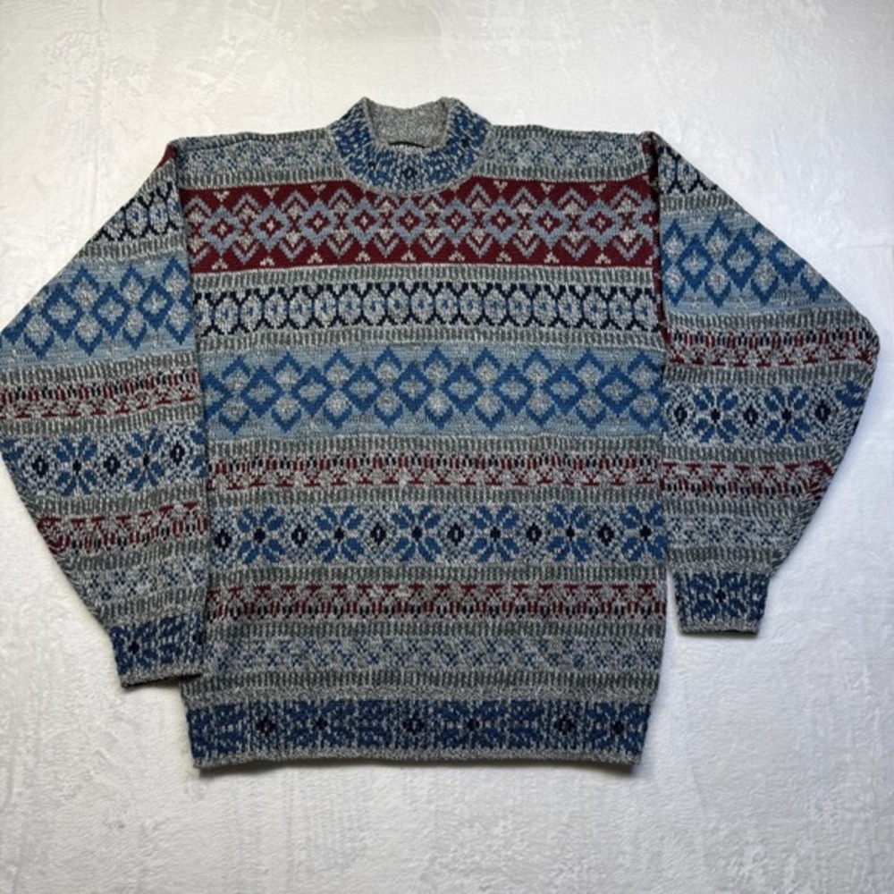VTG 90s Anchor Blue Sweater Pullover Mens Lg Gray Snowflakes Grandpa Hipster‎